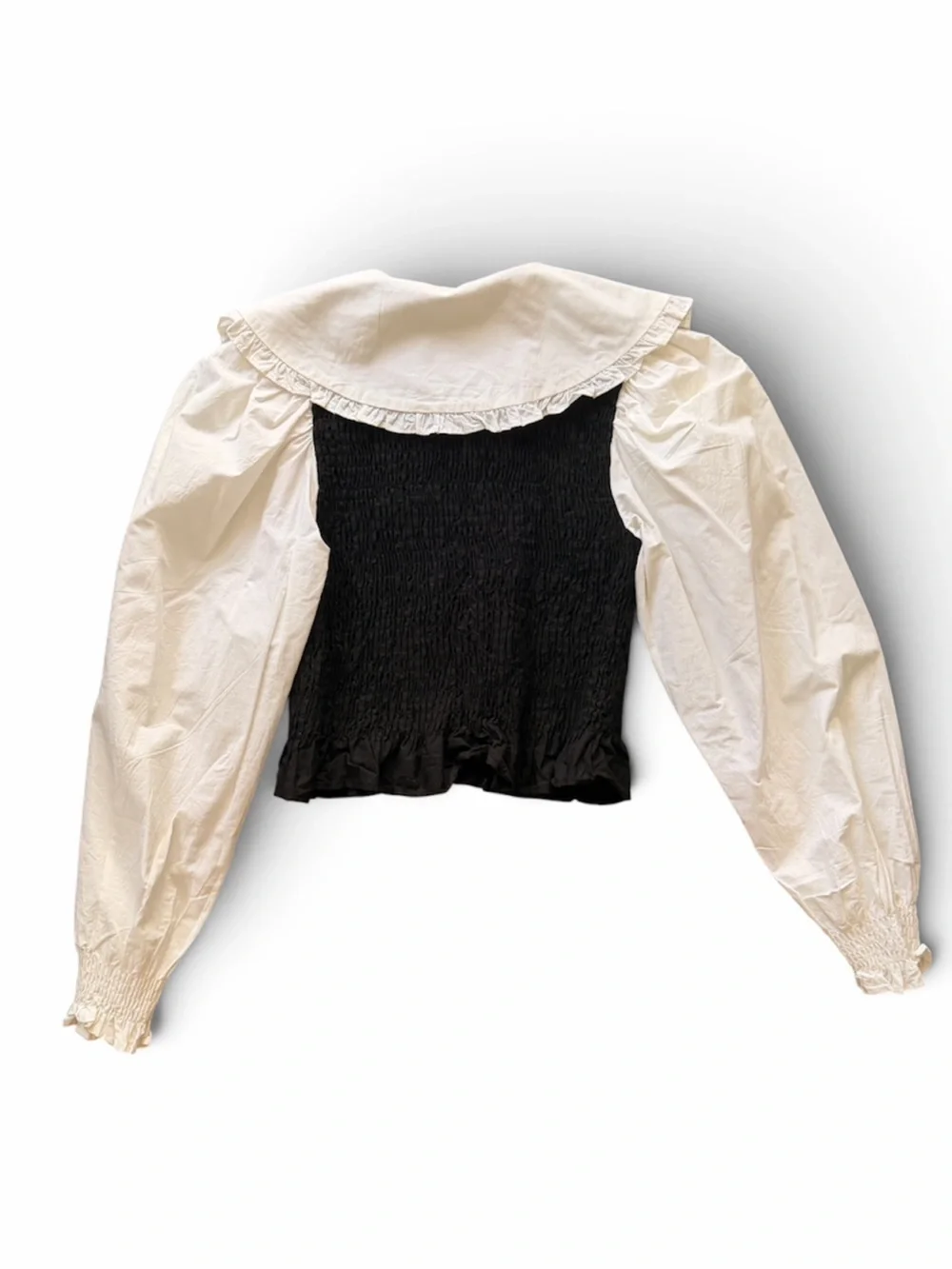 Zara Black and white ruffled long sleeve cropped  Smocked Button-Front Top XS